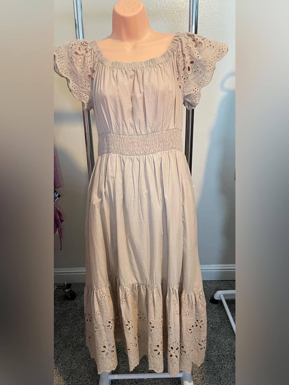 Light Tan Eyelet Sleeve Smocked Waist Midi Dress